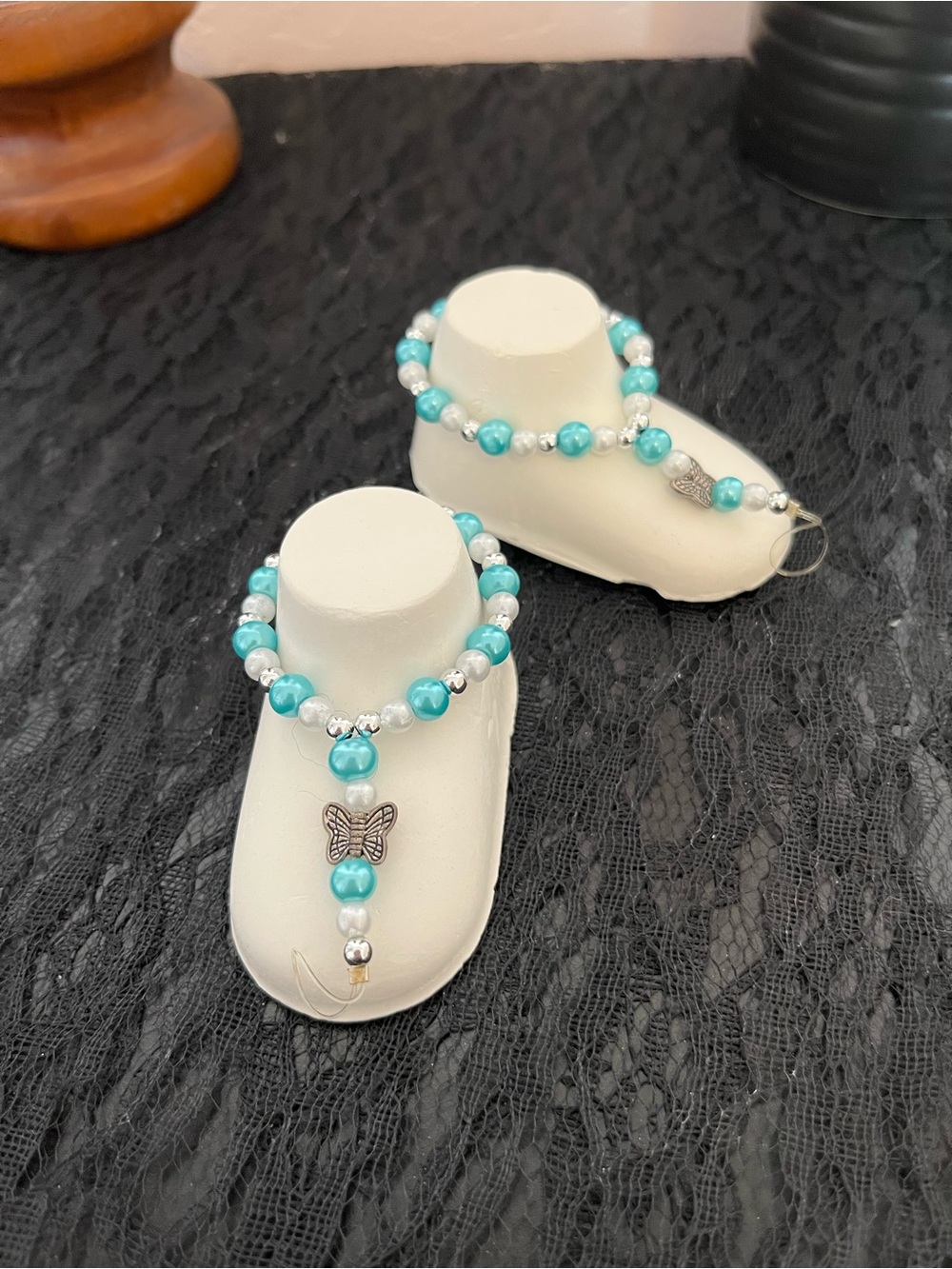 Teal Pearl Baby Barefoot Sandals Set with Butterfly Charm